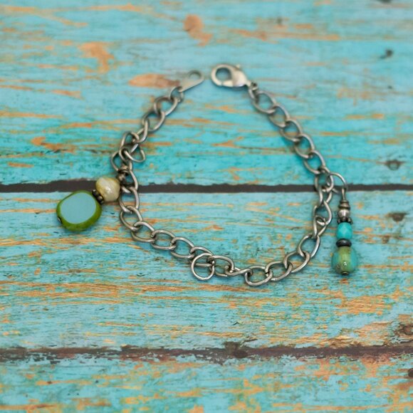 6 inch, Vintage Stone Rock Beads Chain Link Bracelet - P27 - Picture 1 of 3